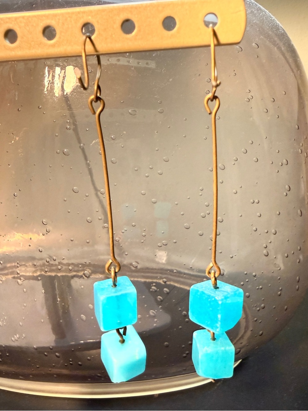 Handmade Brass Turquoise Cube Minimalist Dangle Earrings